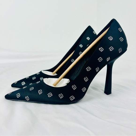 Alexander Wang Delphine Black Satin Crystal Logo Stiletto Pumps Heels 4” 39.5 - Picture 4 of 16